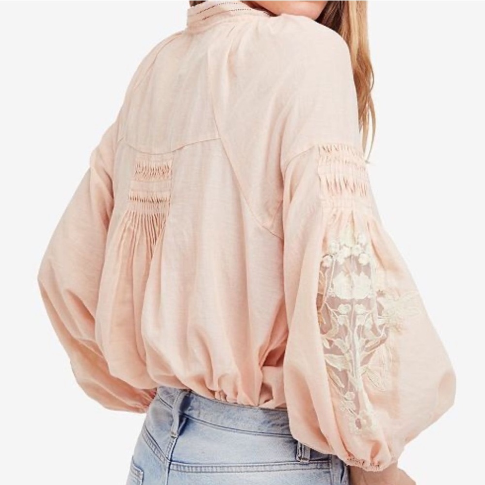 Free People Pale Peach Embroidered Lightweight Cotton Peasant Blouse - Picture 6 of 16